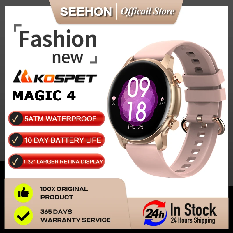 

KOSPET Magic 4 Smartwatch Men Black 1.32" Color Screen 5ATM Waterproof Sleep Monitor Wrist Watch Fashion Women Smart Watch Pink