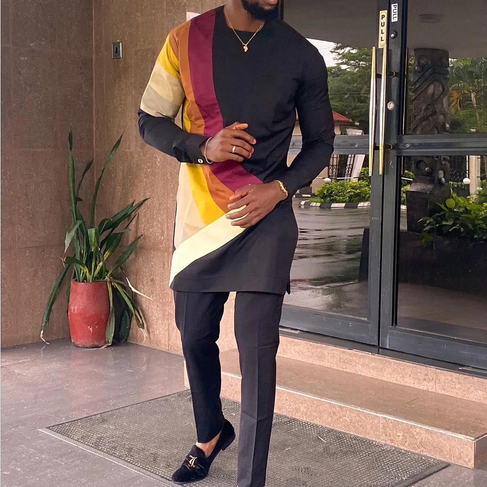2024 New Popular Men's Elegant Suit Pants Set Solid Color Round Neck Embroidered Long Sleeves Party Social Ethnic Style (M-4XL)