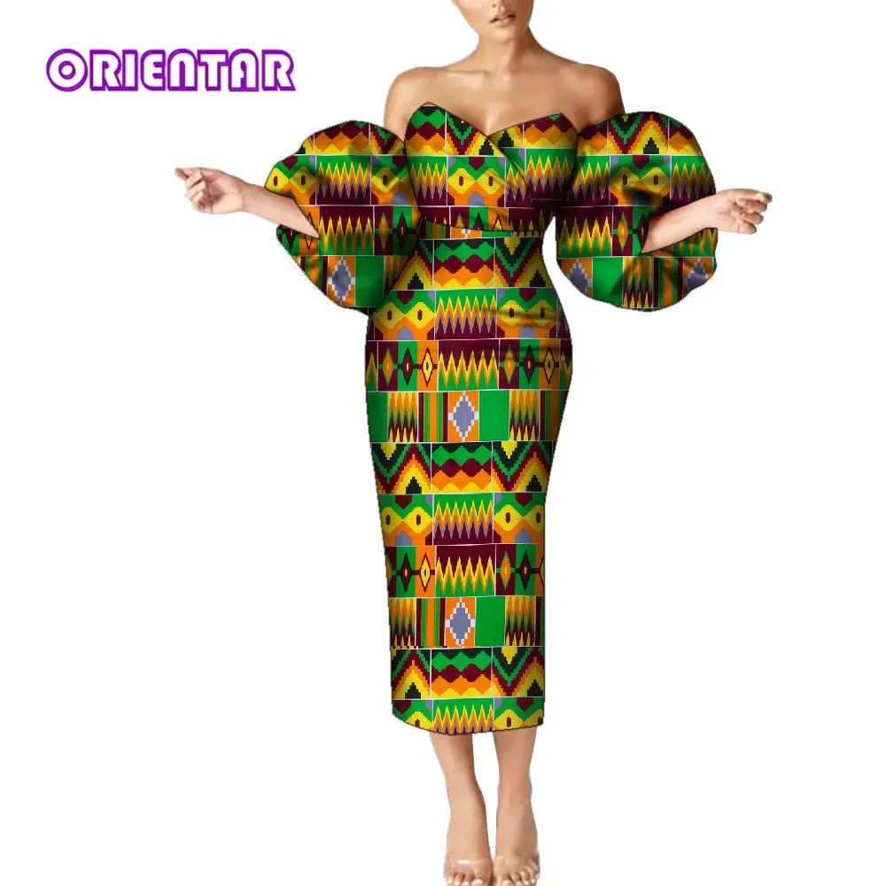 Sukienki afrykańskie dla kobiet afrykańska woskowana tkanina drukuj Off Shoulder bufiaste rękawy Maxi sukienka moda Ankara Midi sukienka Vestidos 6XL WY9257