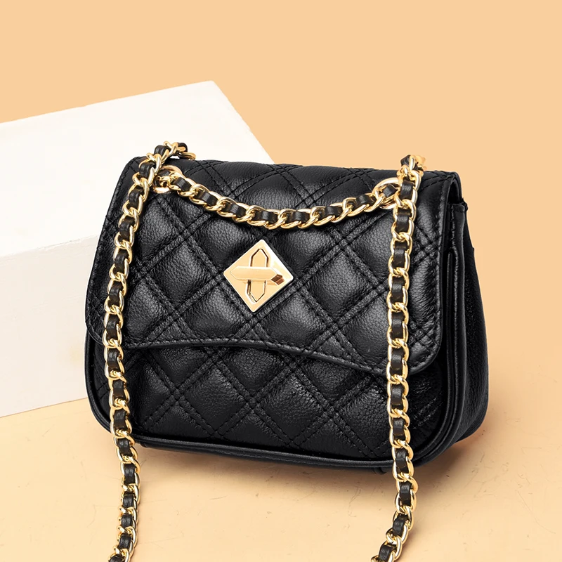 Real Leather Quilted Small Black Crossbody Purse With Leather And Silver  Chain Strap For Women