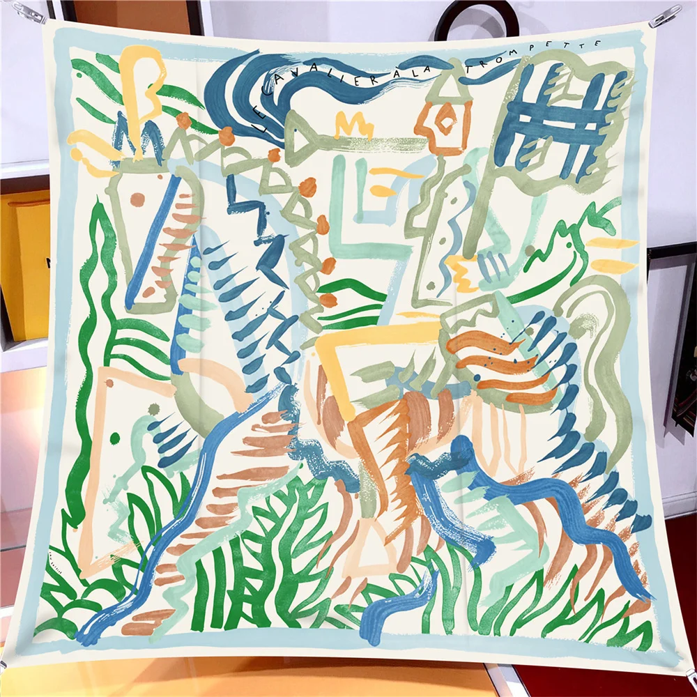 Luxury 90cm Twill Silk Checkered Horse Print Square Scarf Shawl