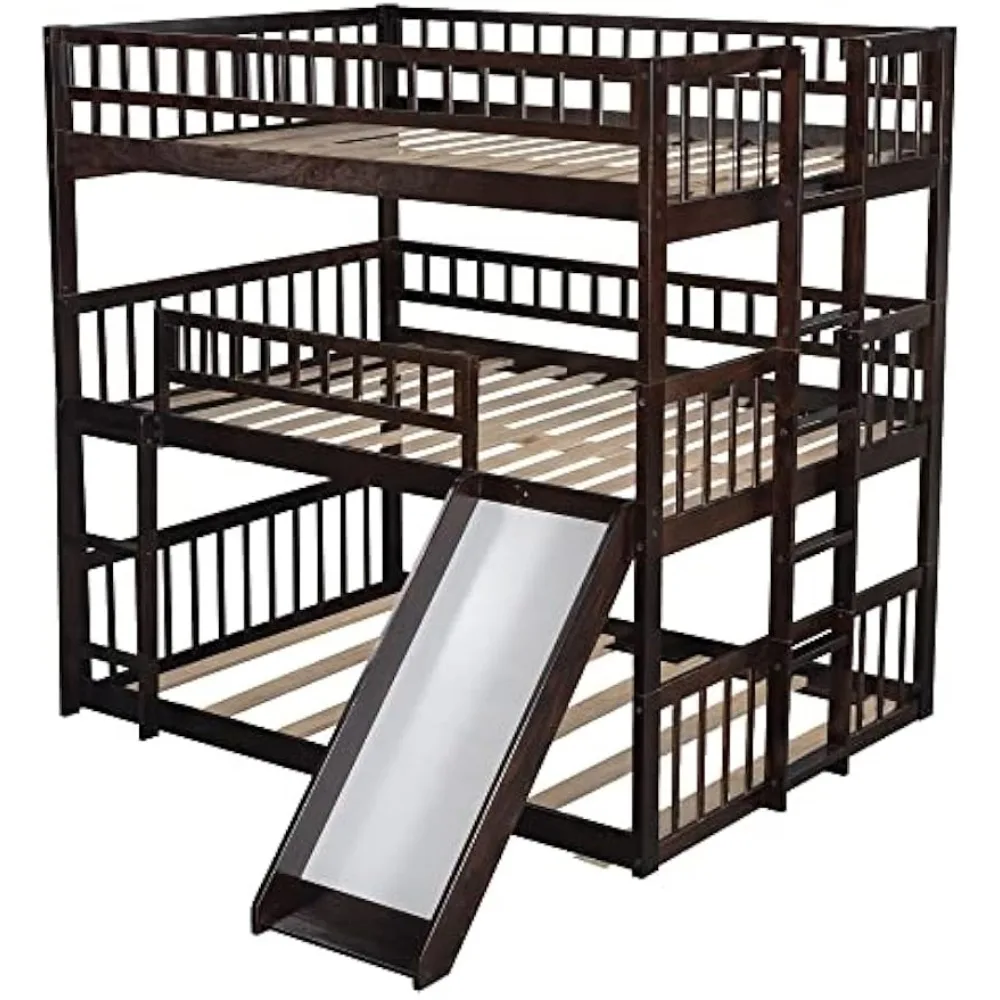 Triple Bunk Bed with Slide, Full Over Full Over Full Bunk Bed Convertible Triple Beds for Kids/Teens/Adults, Children Beds 6