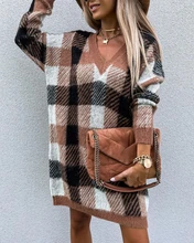 

Women's sweater dress autumn and winter new V-neck plaid contrast color commuter loose sweater dress 2022