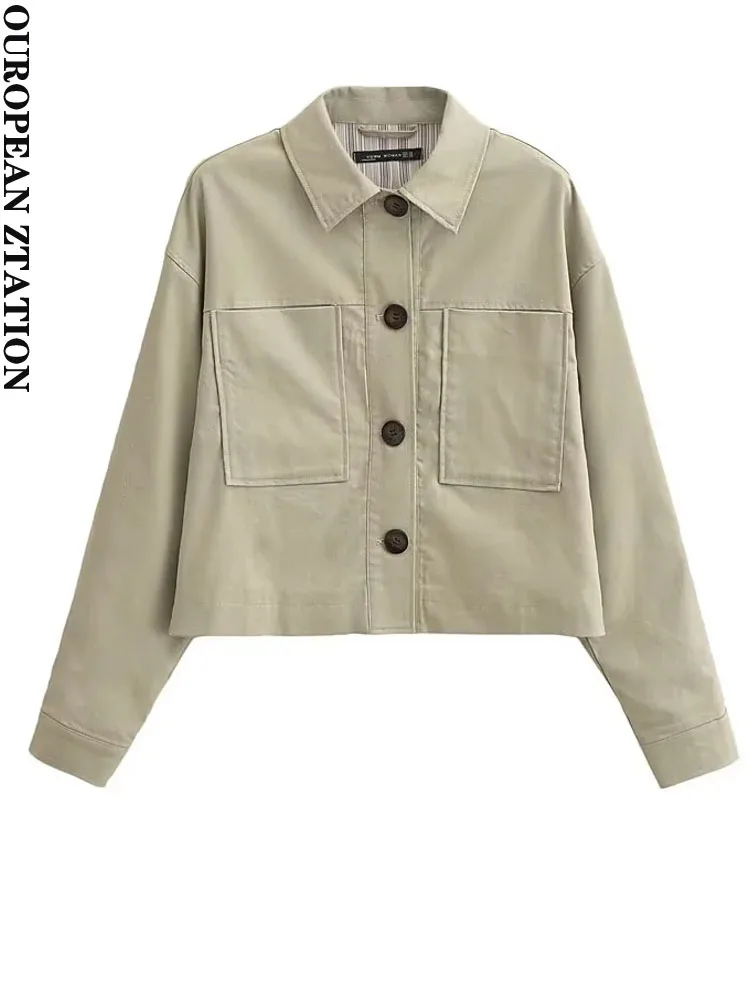 

PAILETE Women 2023 fashion patch pockets cropped jacket coat vintage long sleeve front button female outerwear chic tops