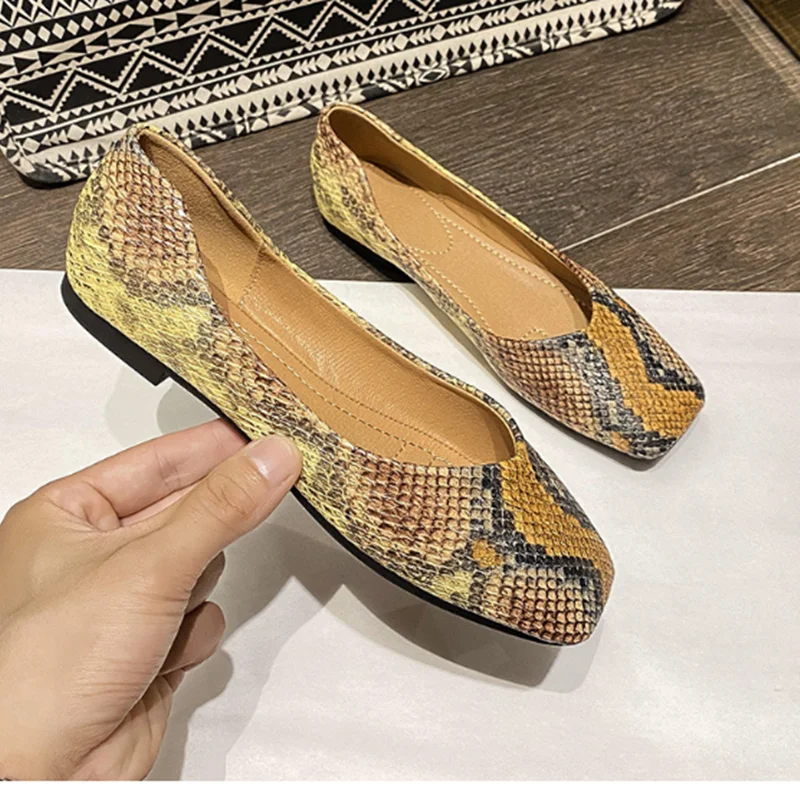 Lady Yellow Snake Texture Flats Square Toe Low Top Soft Shoes Comfortable 35-40 Plain Mixed Colors Outdoor Daily Leisure Slip-On