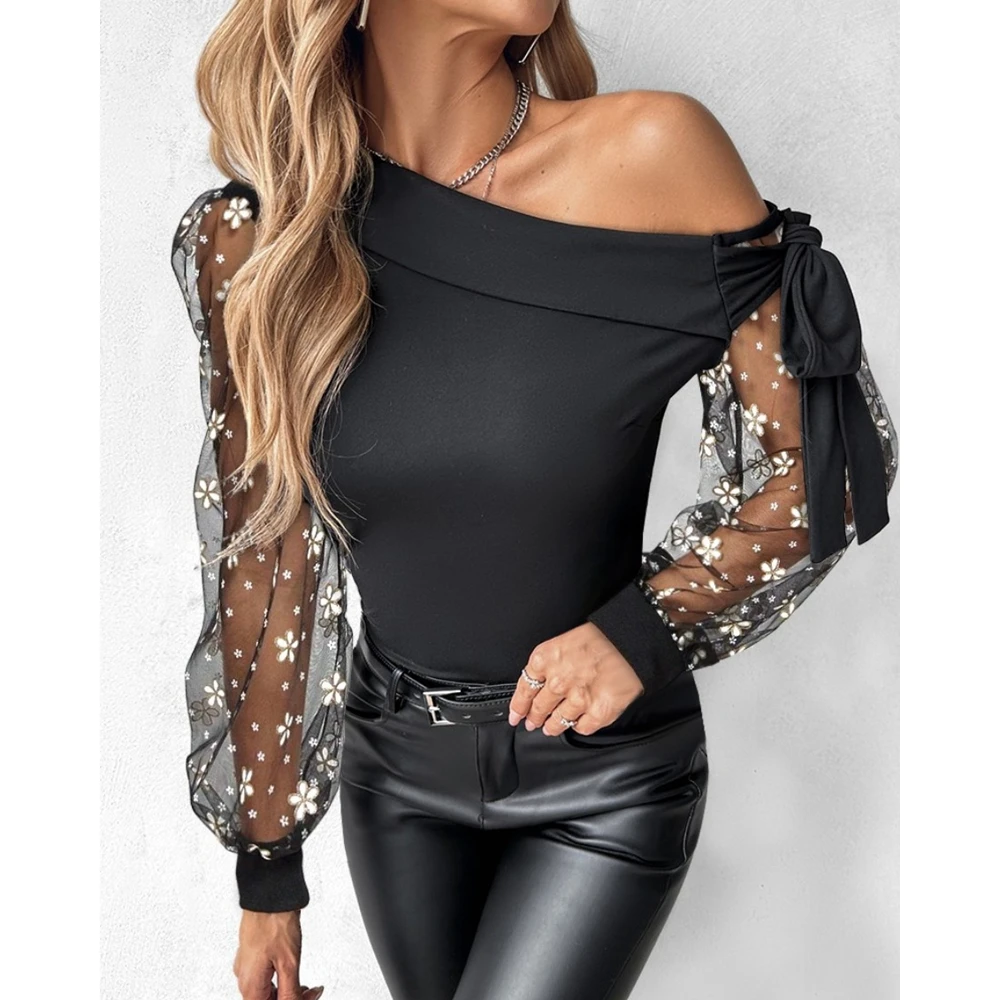 2024 Women Floral Sheer Mesh Long Sleeves Blouses Skew Collar Elegant Blouses for Women Fashion Top Femme Office Lady Workwear hlj fashion luxury rhinestones mesh party club dresses women shawl sleeves bodycon mini dress sexy lady slim party club clothing