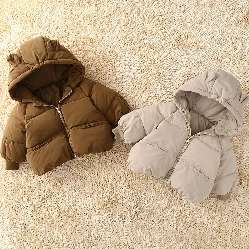 

2023 New Baby Coat Winter Thickened Down Jackets Girls Boys Plush Warm Outerwear Childrens Solid Hooded Cotton Parkas Snowsuit