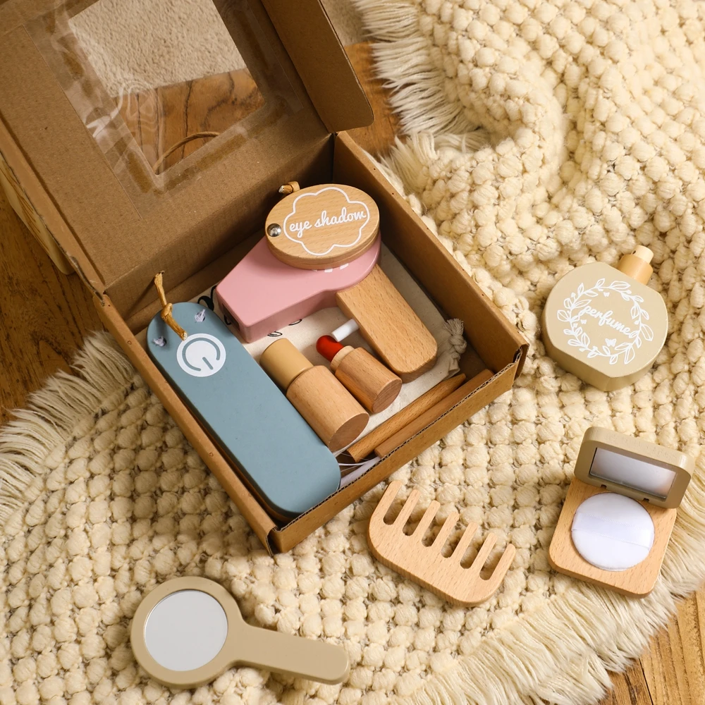 Wooden Children's Simulation Makeup Set Girls Role Play Hair Comb Brush Mirror Mascara Gifts Toy Girl Montessori Makeup Toy 4