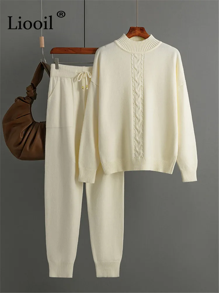 

Two Piece Knit Sweater Set Long Sleeve Knitting Pull Zip Up Ribbed Tops And Pants High Waist Female Jumpers Loose Sweaters Sets