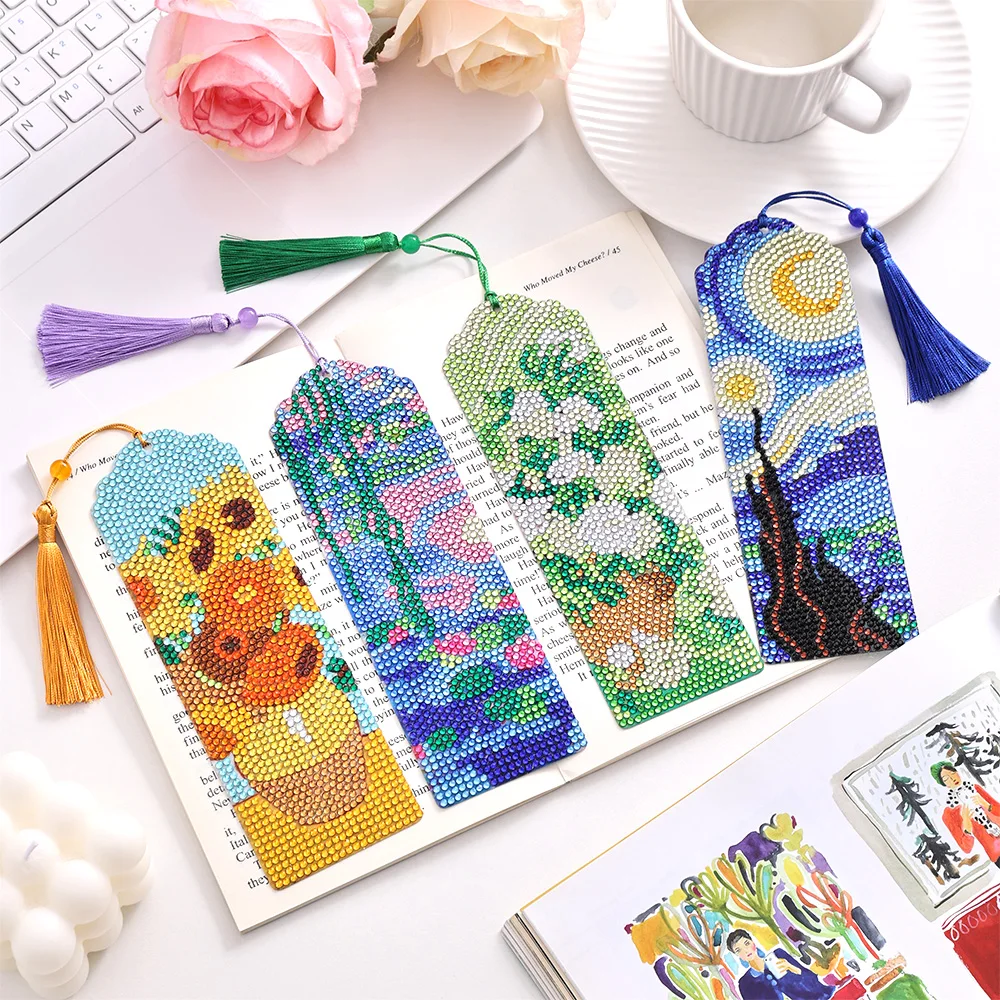 Vintage Diamond Painting Bookmarks Kit Set Large Size Creative Diamond Paste Round Sparkling Designs Bookmarks 4pcs/pack bookmarks stationery supplies