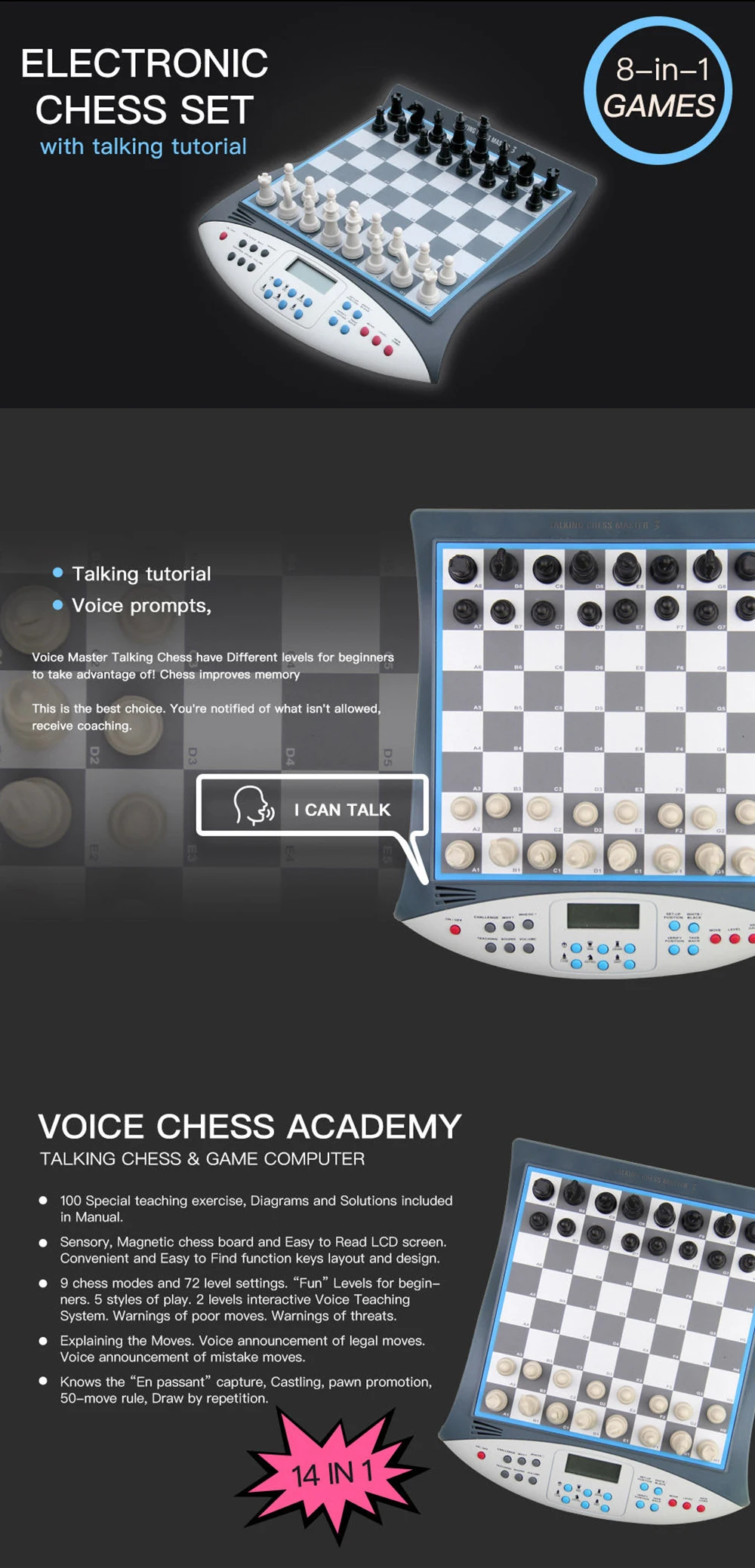 8 in 1 Games - Electronic Chess with Exercise & Talking Tutor