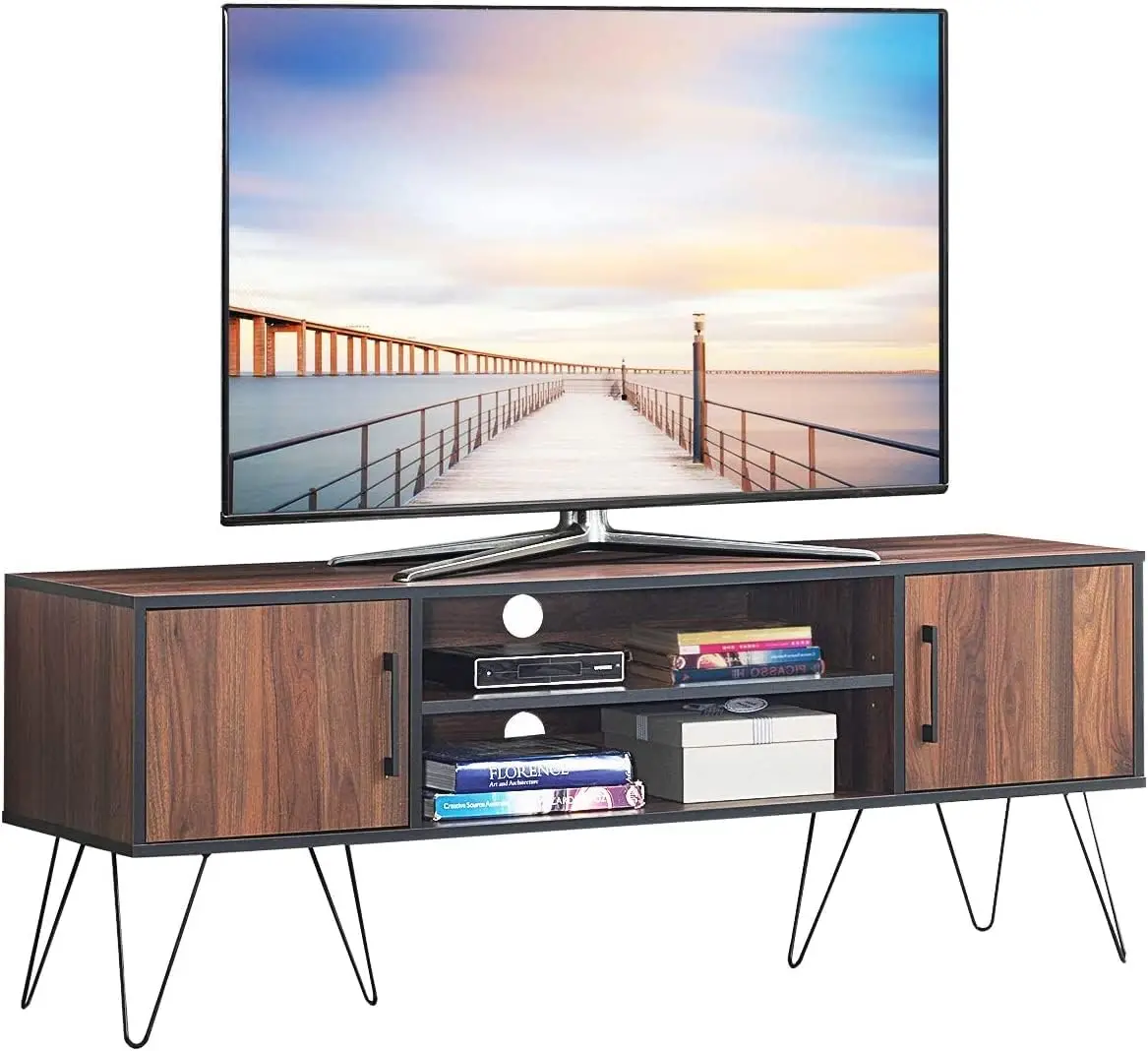 

Modern Entertainment Center Double Cabinet Doors & Adjustable Shelves, Suitable for Livingroom Bedroom TV Stand with 6 Metal Fil