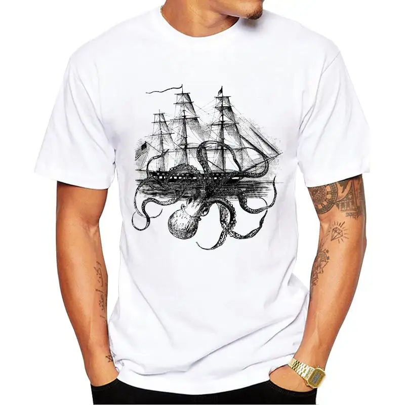 

FPACE Hipster Tops Fashion Octoship Design Men T-Shirt Funny Octopus Ship Printed Tshirts Short Sleeve Tee