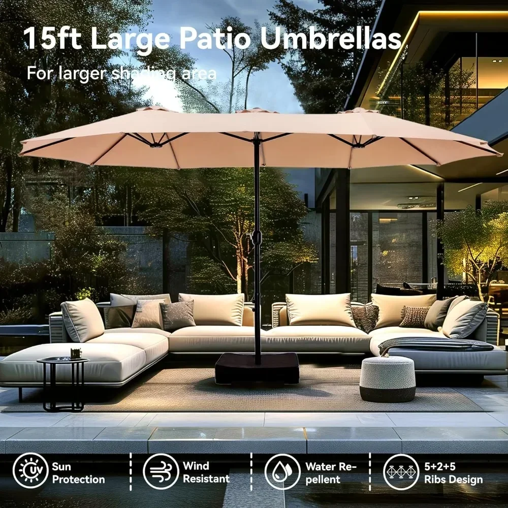 Umbrellas and Garden Bases 15ft Large Patio Umbrellas With Base Included Outdoor Umbrella Beach for Poolside Lawn Garden Beige 2