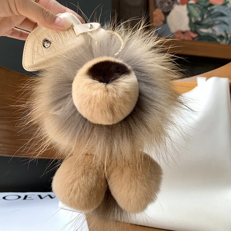 Women Cute Plush Doll Toy Kids Trinkets Bag Car Keyring Ornament Birthday Gift Luxury Real Rex Rabbit Fur Lion Pendant Keychain