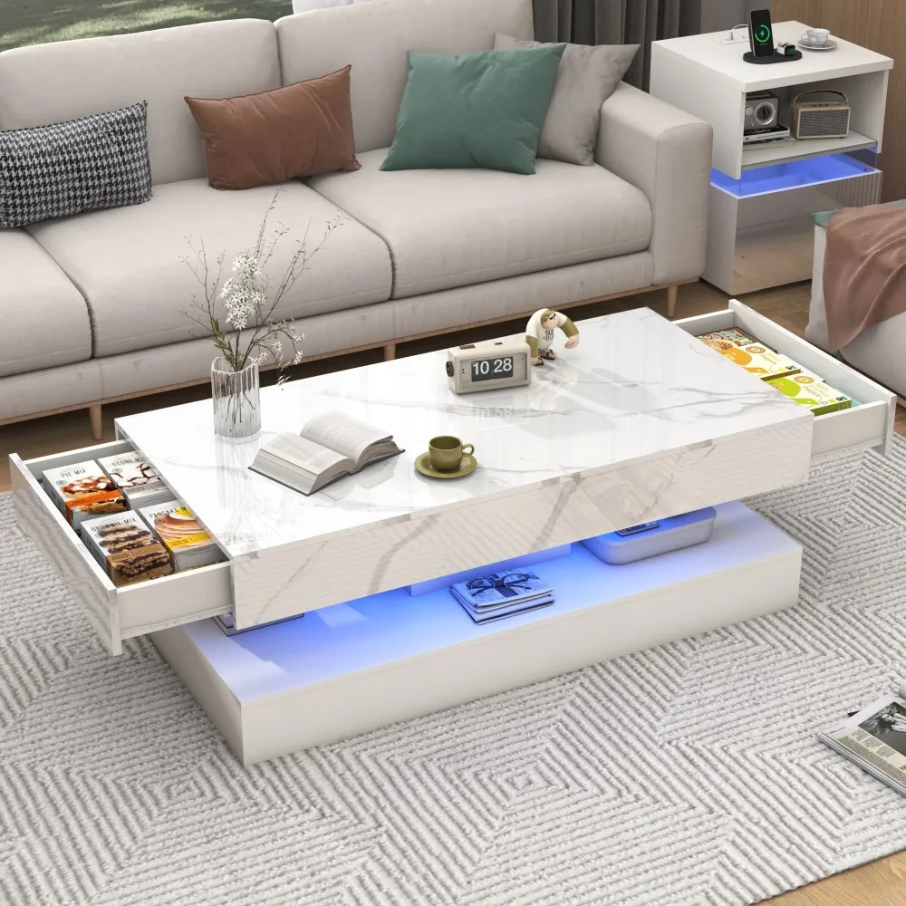 Modern Stylish Coffee Table with LED lights, Double-Layer Design for Living Room Coffee Table with 2 Storage Drawers 3