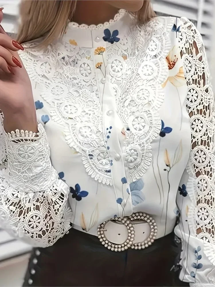 2024 Woman Blouses Long Sleeve Fashion Vintage White Lace Autumn Buttons Floral Print Tops And Womens Shirts Top Femme Shirt