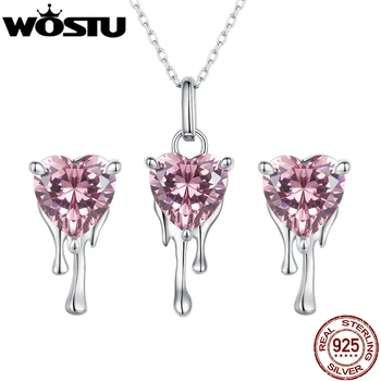 WOSTU 925 Sterling Silver Heart Shaped Pink Crystal CZ Tassel Drop Earrings Charm Necklace Valentine Gift Wedding Jewelry Set 1