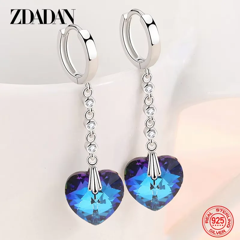ZDADAN 925 Sterling Silber Herz-Ohrringe mit blauem Kristall für Frauen, Hochzeitsschmuck, Charm-Geschenk – Detail 4