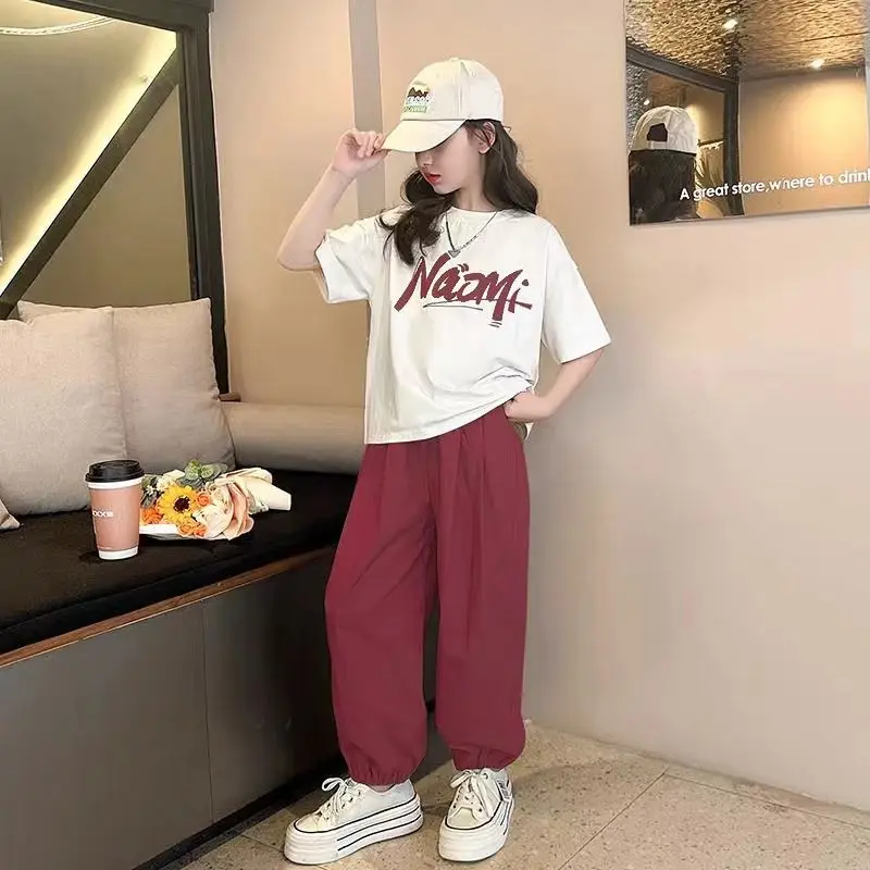 

Girls Summer Casual 2Pcs Short Sleeved T-shirts+Jogging Pants Suits 3-13 Years Teenage Teenage Kids Oufits Sets Clothes