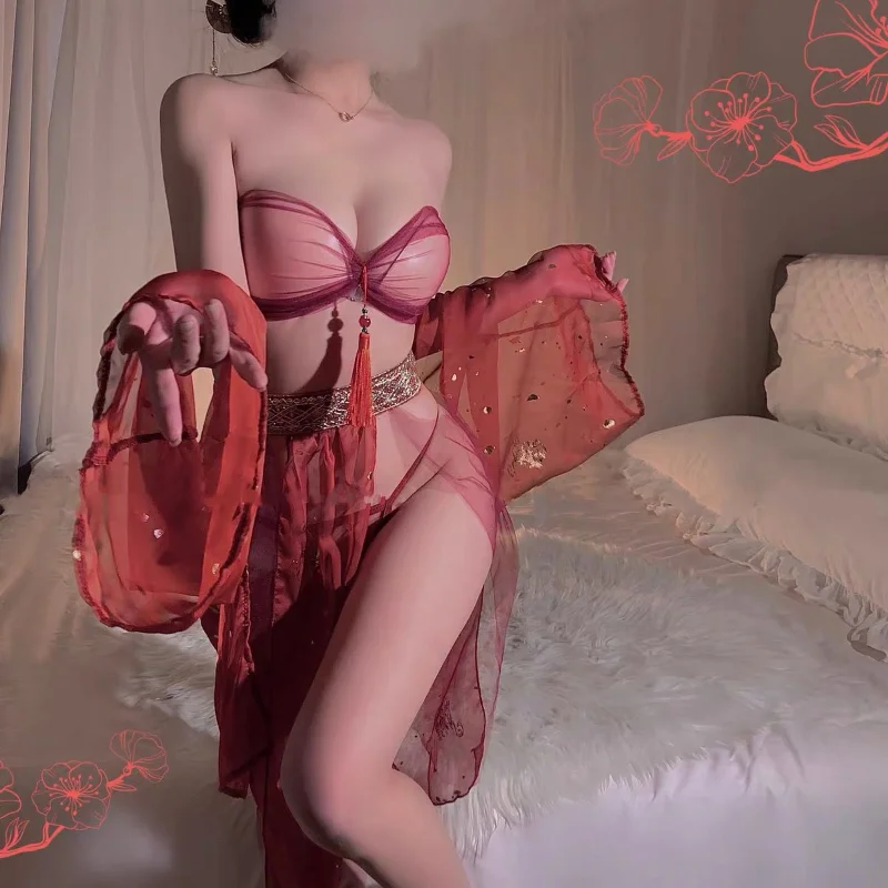 

Classical Underwear Mesh See Through Women Chinese Traditional Dress Backless Hanfu Tempatation Sexy Lingerie Set Sleepwear Suit