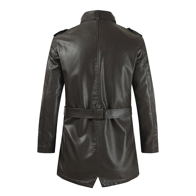New men's jacket, long leather Jacket with standing collar, plush and thick windproof PU leather jacket, extended dress