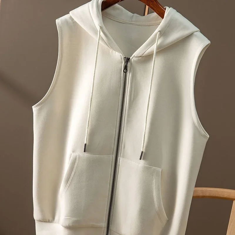 Women's Hooded Sweater Vest Spring Autumn Sleeveless Sports Top Korean Fashion Coat Cotton Cardigan Leisure Loose Solid Color