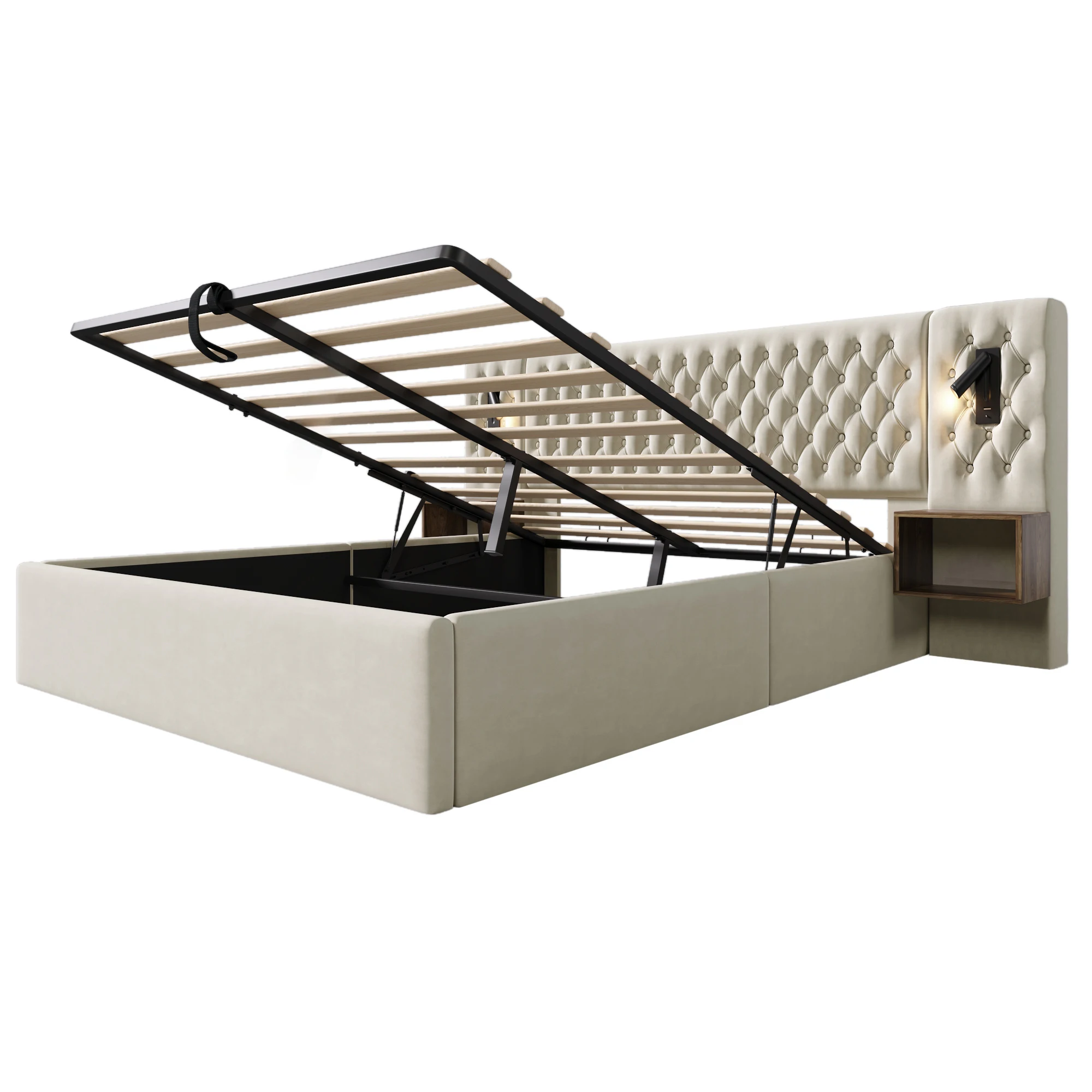Schlafzimmer-Möbelset, Polsterbett mit hydraulischem Stauraum, Doppelbett 180x200 cm mit 2 Nachttischen, Beige Samt – Detail 22