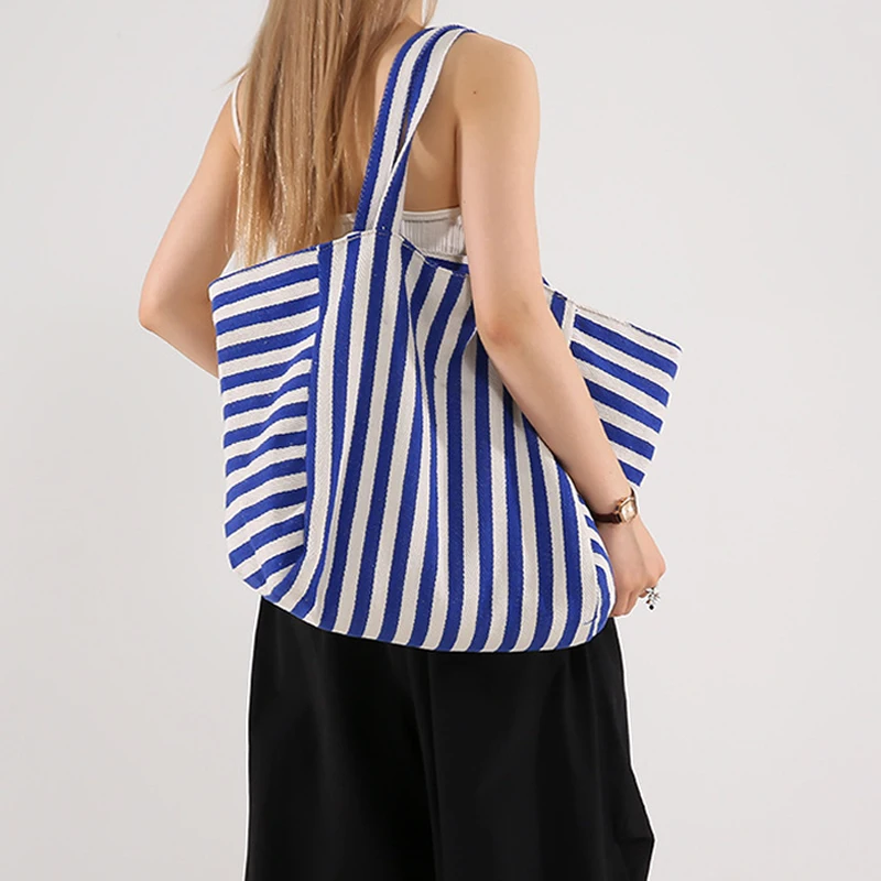 Simple Fresh Striped Shoulder Bag Korean Version Of Retro Literary Handbag Fashion Large Capacity Shopping Bag
