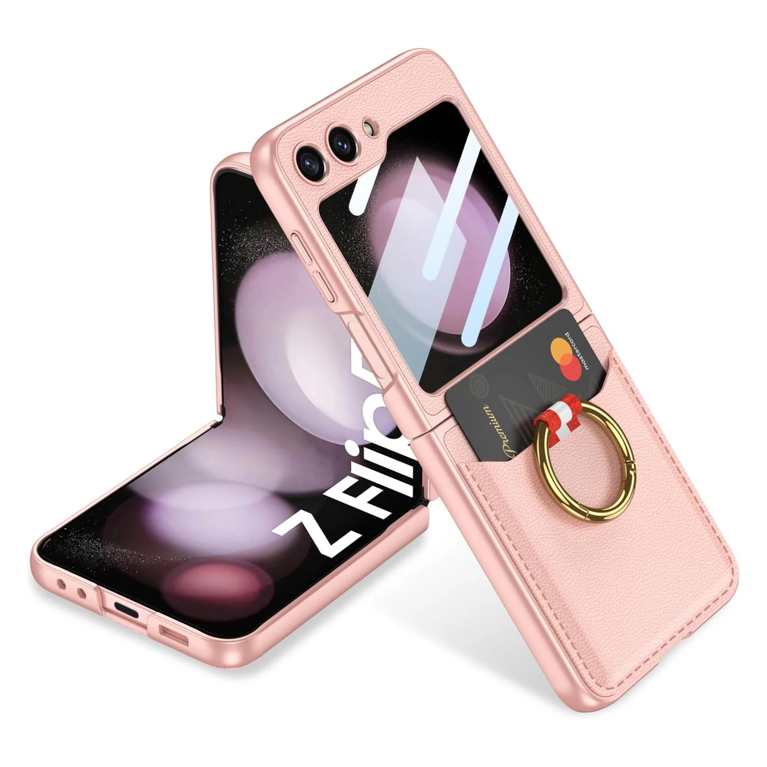 

Чехол для Galaxy Z Flip 5 с кольцом и держателем для карт, карманом для хранения, тонким кожаным чехлом, кольцом для ключей и чехлом-бумажником Встроенная защитная пленка для экрана для чехла Galaxy Z Flip 5