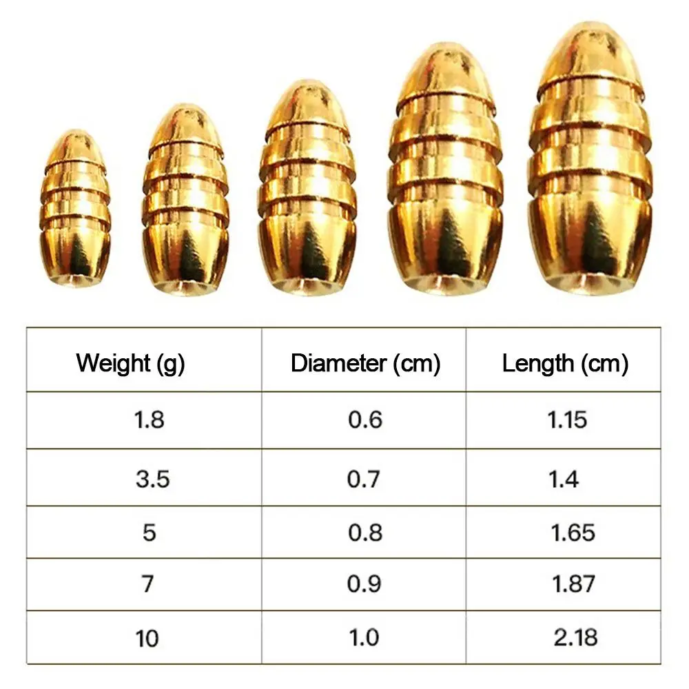 10pcs/lot 10g,7g,5g,3.5g,1.8g Line Sinkers Sharped Weights Copper Fishing Lead fall Brass Sinker Hook Connector