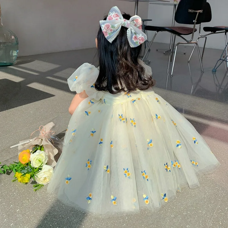 Summer Girls Flower Mesh Princess Dress Kids Cute Puff Short Sleeve Dresses For Girls Korean Clothing Children Dress For 1-6t