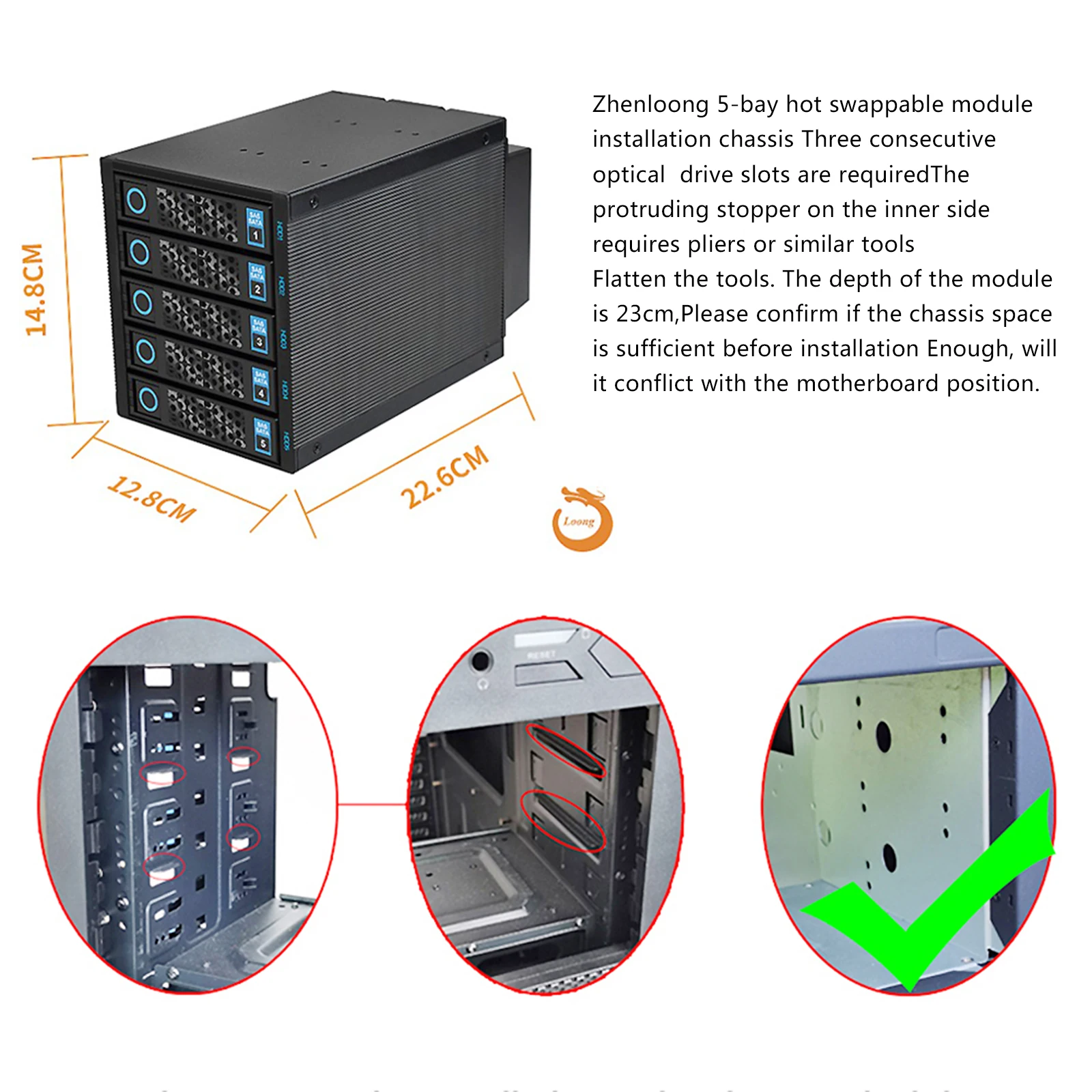 ZhenLoong 5베이 핫 스왑 하드 드라이브 디스크 케이지 모듈 3.5인치 SATA SSD HDD 데이터 저장 장치(3 x 5.25인치 광학 드라이브 위치용)