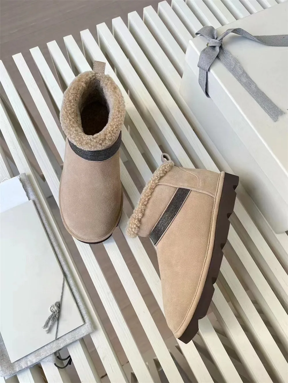 

Italy B*C Women's Winter Short Boots Thickened Warm Lamb Wool Leather Snow Boots Classic Fashion Fur Shoes