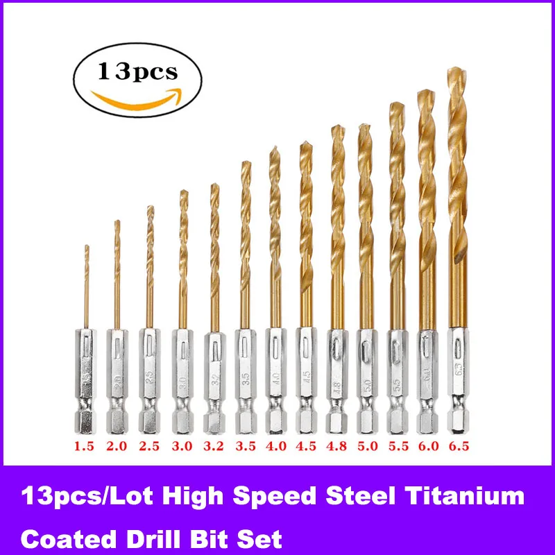 

13pcs/set High Speed Steel Titanium Coated Drill Bit Set HSS Hexagonal Shank Drill Bit Wood Plastic Electric Drill For Drilling