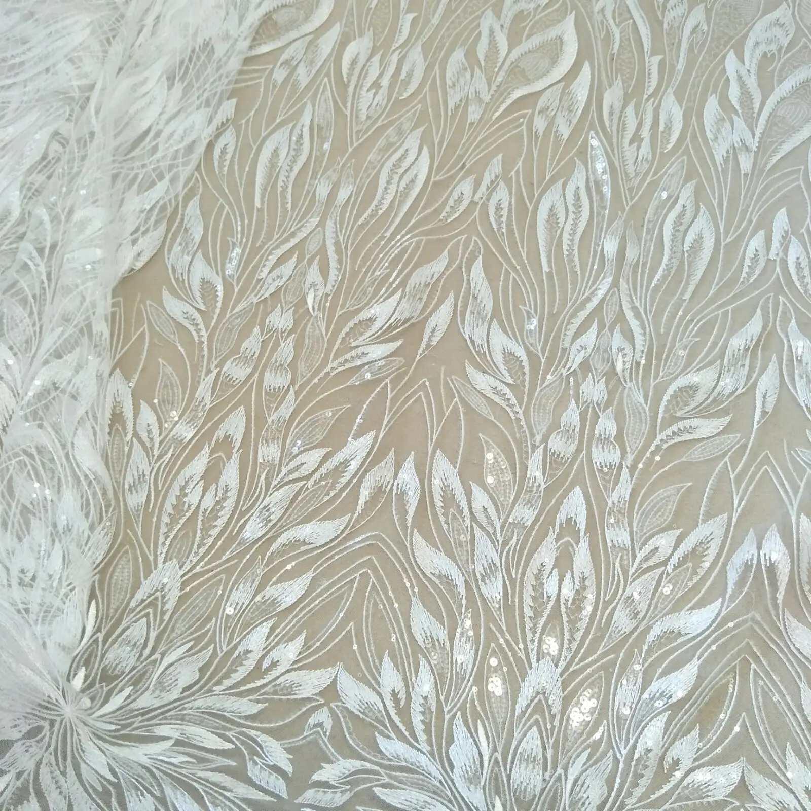 Lace Fabric Sequin Wedding Dress DIY Lace Leaves Width 130cm Sold by Yard