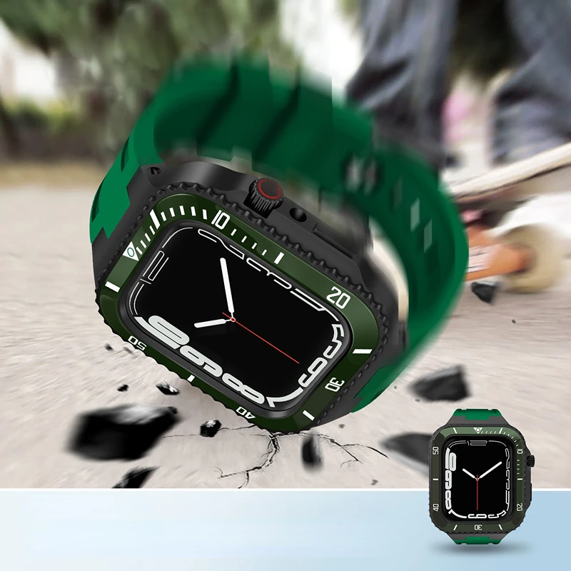 Modification Kit Strap For Apple Watch Band 45mm 44mm Metal Case+Ceramics Bumper Mod Kit Cover For iWatch 7 6 5 4 SE Rubber Belt