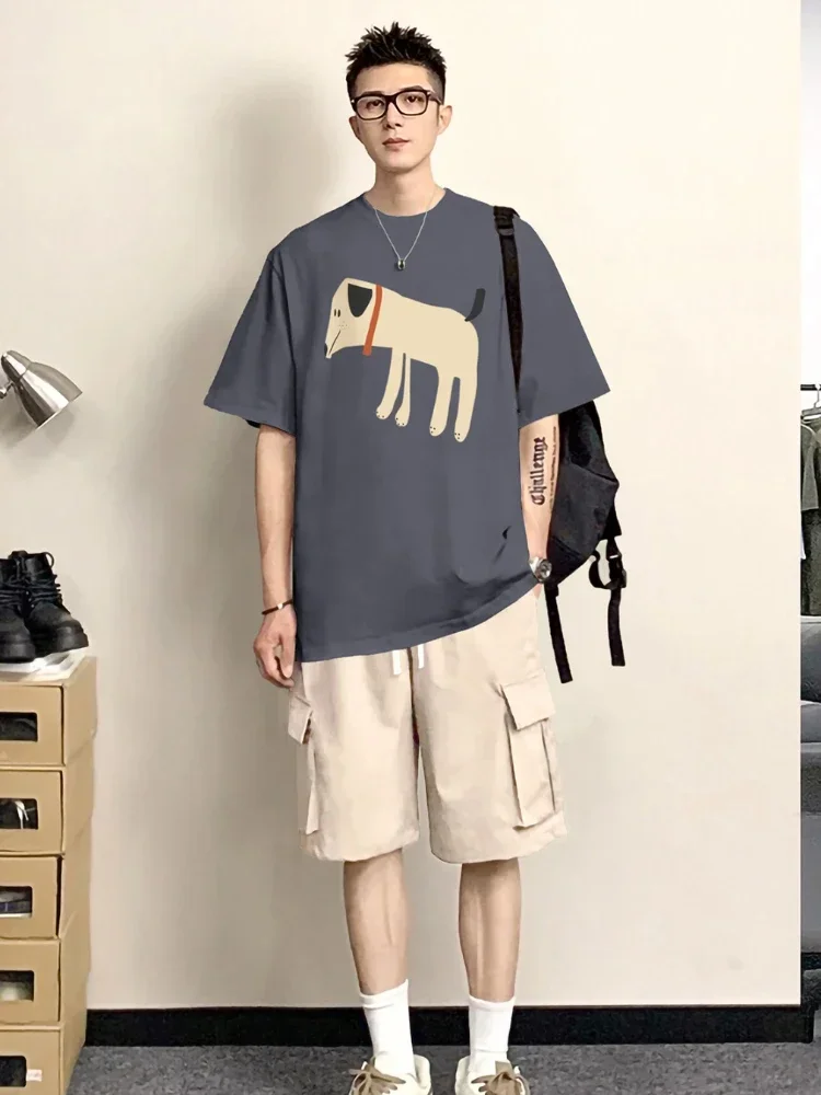 thumbnail image 1 of Conjunto de camiseta y pantalones cortos para hombre, estampado de algodón, gráfico de entrenamiento, nuevo conjunto de pantalones cortos esenciales a juego para hombre, manga corta, dos piezas, elást, 1 of 5