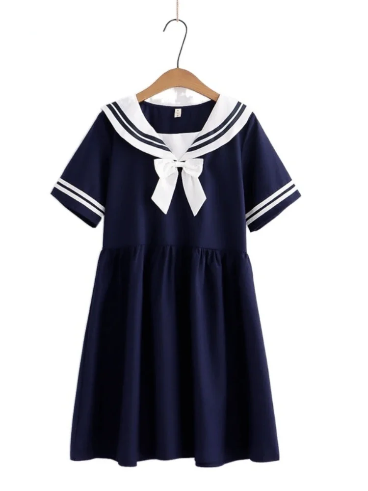 Summer-Women-Dress-Short-Sleeve-Sailor-Collar-Bow-JK-Style-es-Striped-A ...