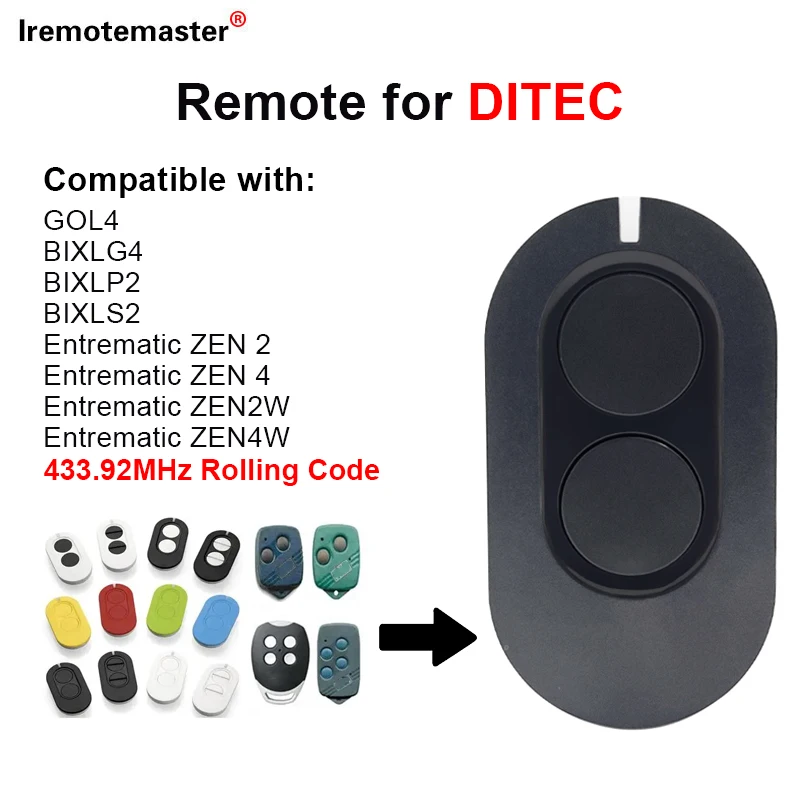 

For DITEC Gol4 BIXLG4 BIXLP2 BIXLS2 Entrematic ZEN 2 ZEN4 ZEN2W ZEN4W 433MHz Rolling Code Garage Door Remote Control