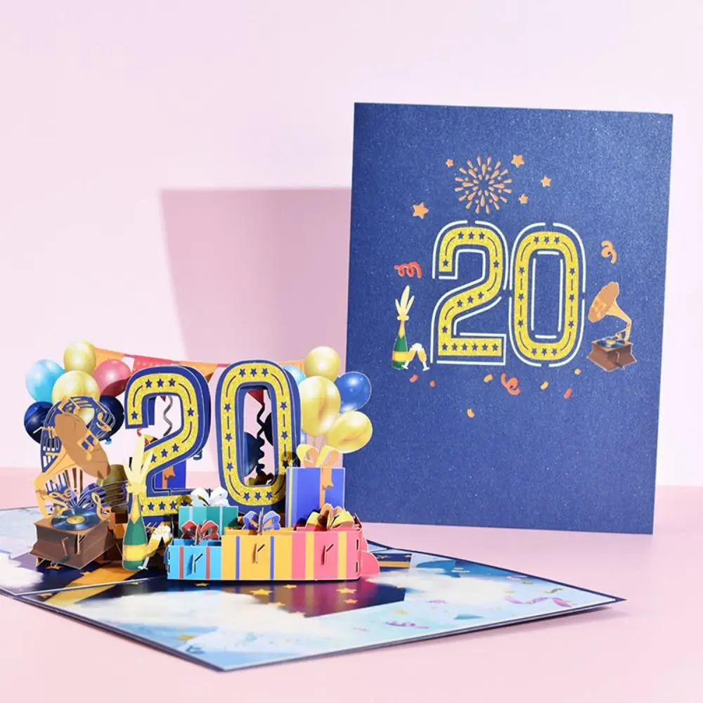 Paper 3D Ballon Greeting Card Handcrafted Blue 1-100 Anniversary Card Portable with Envelope Anniversary Greeting