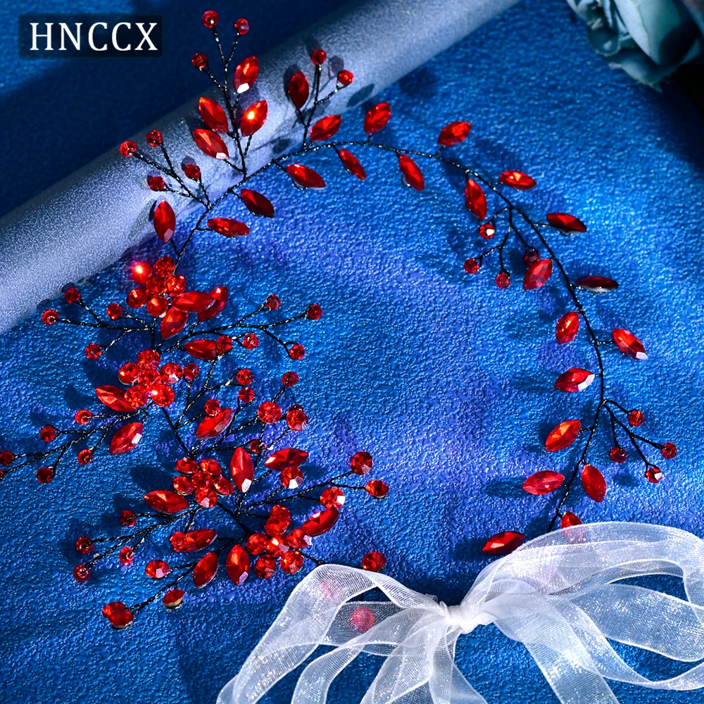 HNCCX 우아한 레드 컬러 라인스톤 꽃 신부 헤어 바인 야외 결혼식 연회용 수제 헤드피스 프롬 헤어 밴드 HP65