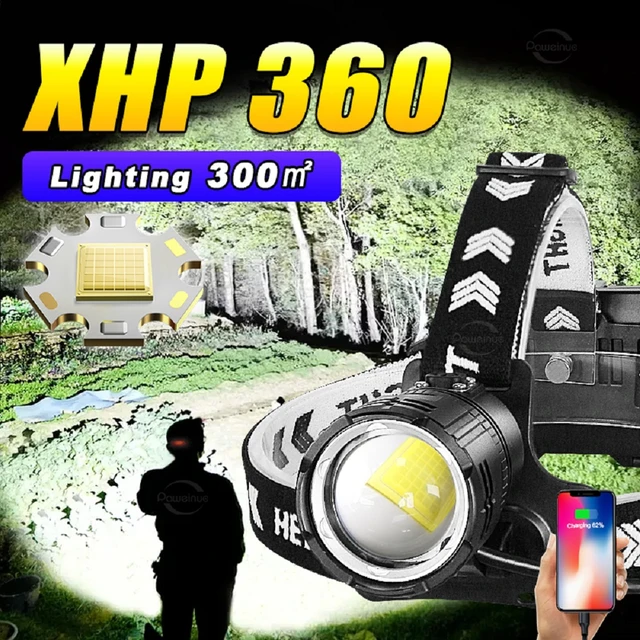 Linterna frontal LED súper potente XHP360, nueva linterna frontal  recargable XHP160 XHP90, linterna frontal de alta
