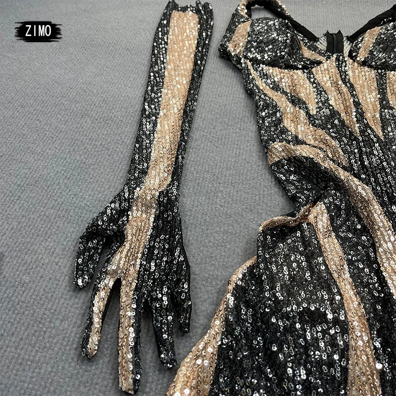 Women Sequins Jumpsuit and Gloves Sexy Stage Dance Costume Birthday Party Bar Club Singer Queen Performance Outfits
