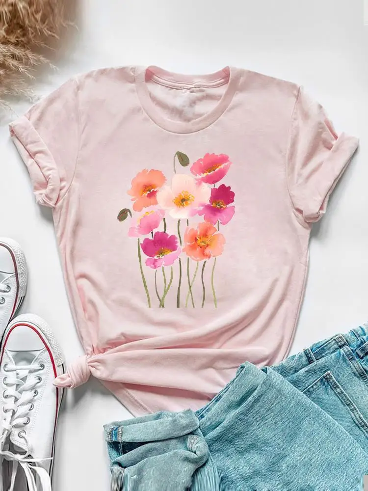 Sweet Watercolor Flower 90s Clothing Short Sleeve Tee Top Summer Graphic T Shirt Women Fashion Casual Female Print T-shirt
