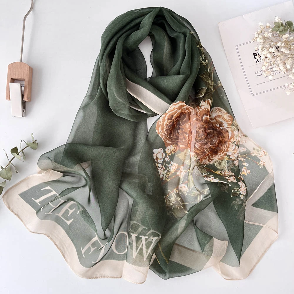 

New Design Green Women Elegant Flower Print Chiffon Georgette Bandana Scarf Summer Beach Sunscreen Thin Travel Shawl