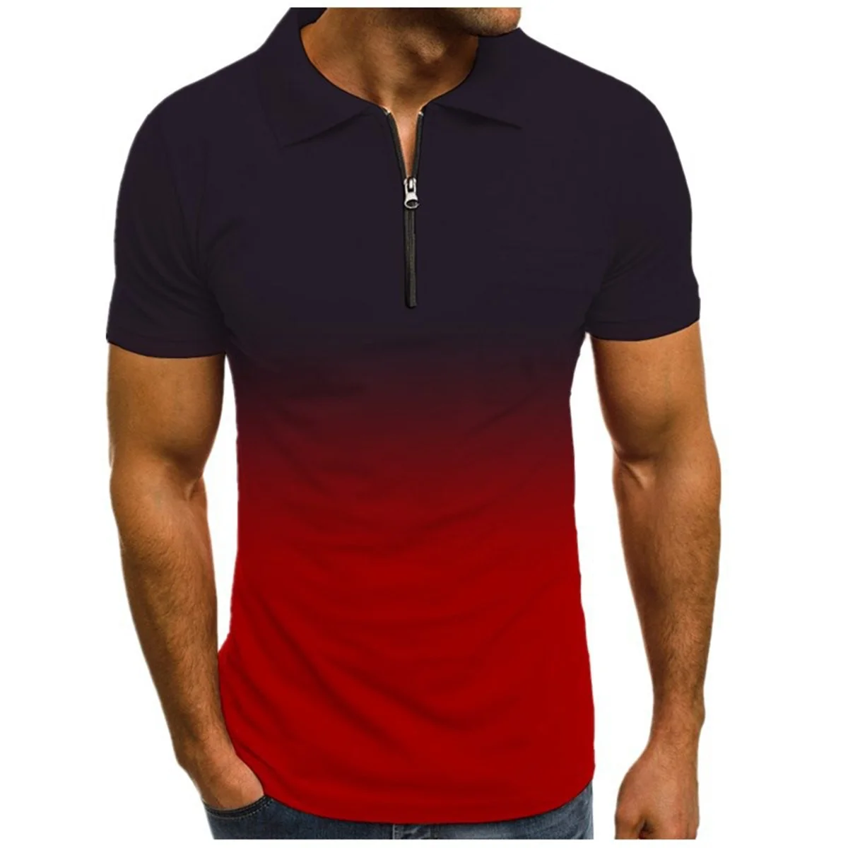 Herren Casual Kurzarm Reißverschluss POLO Shirt Herrenmode Farbverlauf Druck Revers POLO Shirt T-Shirt