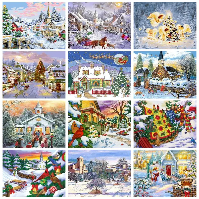 

RUOPOTY Painting By Numbers For Adults Kits Snowman House Landscape Wall Art Picture Numbers For Christmas Home Decoration