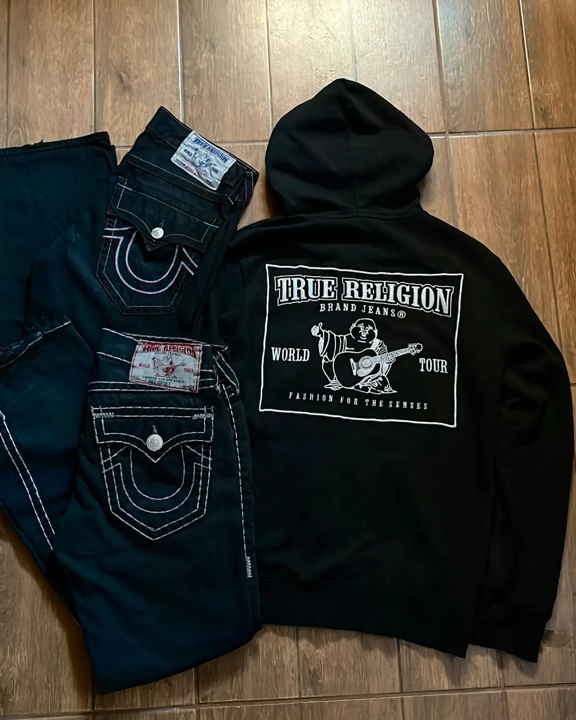 Harajuku casual buddha baggy jeans hoodies two piece set high street pattern embroidered pants 2000s y2k tracksuit men clothes