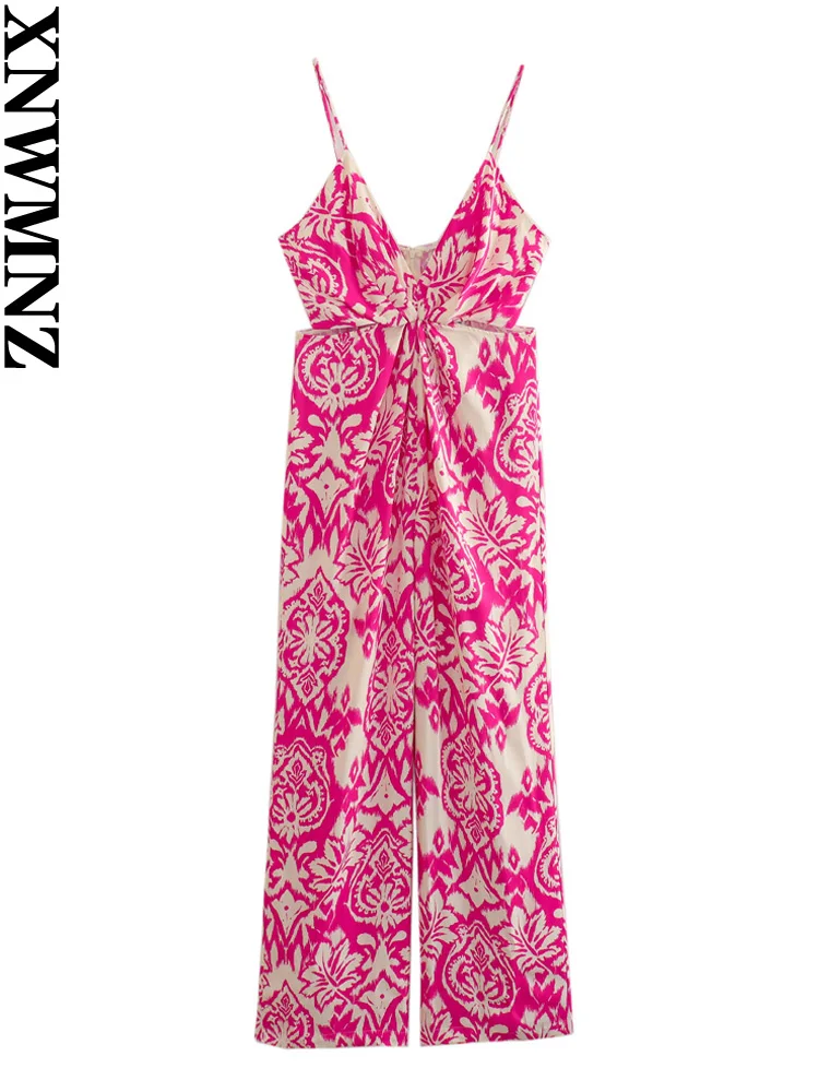 

XNWMNZ Women's Fashion 2023 Printed Strappy Jumpsuit Women Vacation Style V-Neck Waist Cut-out Female Chic Jumpsuit